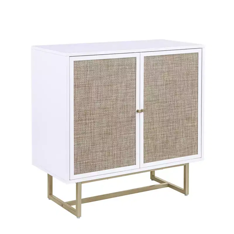 Nathan James Kova Storage Cabinet Textured Rattan White Wood: Oak Surface, Metal Frame, Fixed Shelf, 32" Height