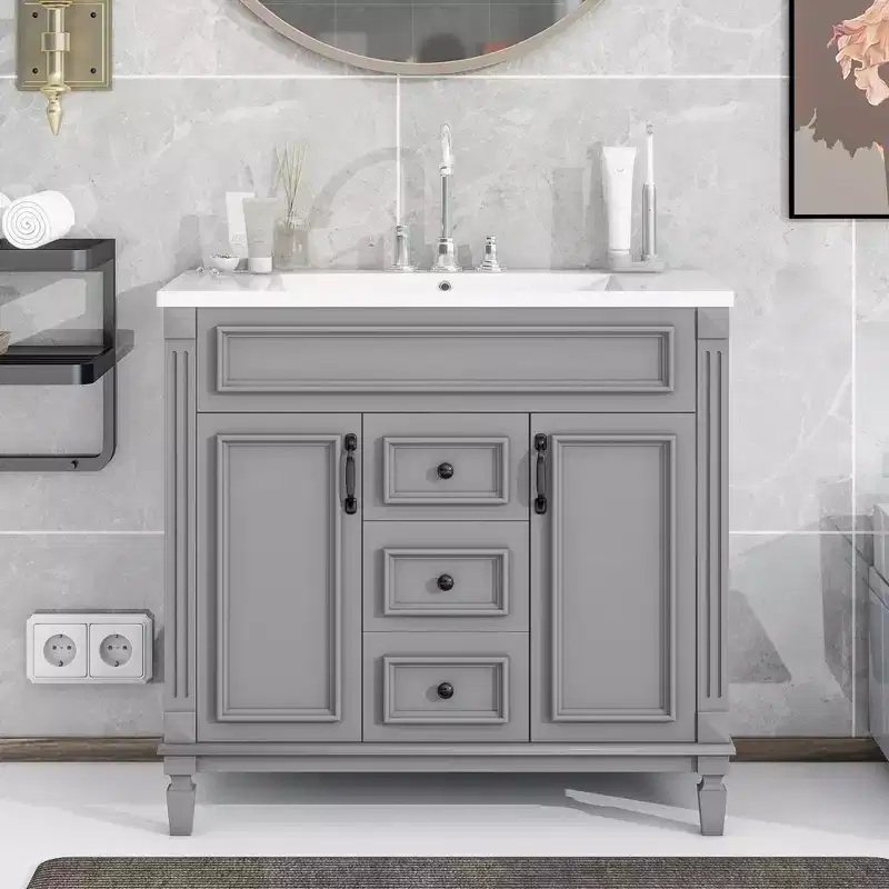 36 Bathroom Vanity with Sink Combo, Bathroom Storage Vanity with 2 Drawers & 2 Soft-Closing Doors, Wooden Bathroom Cabinet with Single Sink