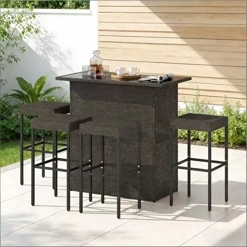 GDFStudio Jana Modern 5 Piece Metal and PE Rattan Outdoor Bar Set with Tempered Glass Tabletop