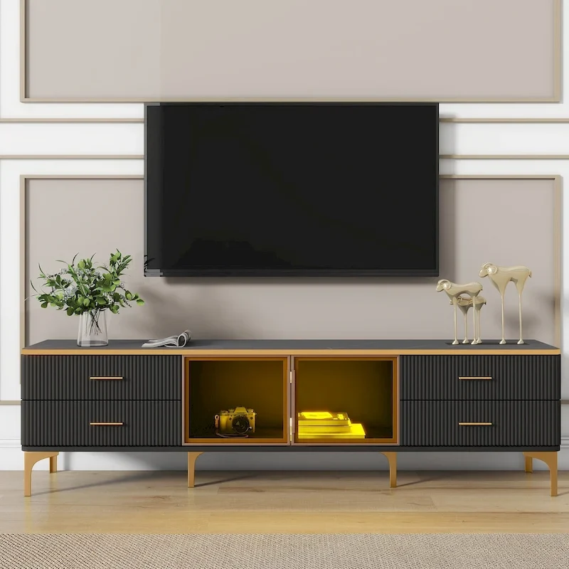 TV Stand Media Console with Glass Cabinet Doors and Gold Legs – Gold+Black / Gold+White, 1-Unit