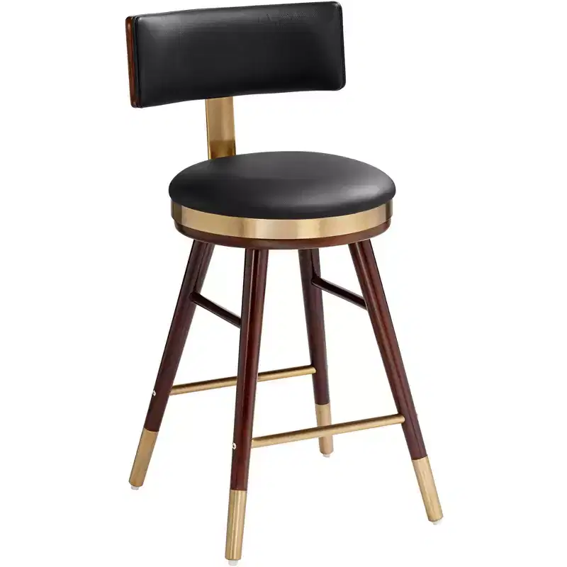 Studio 55D Walnut Bar Stool Brown 25 1/2 High Mid Century Black Leather with Backrest for Kitchen Counter Height Island