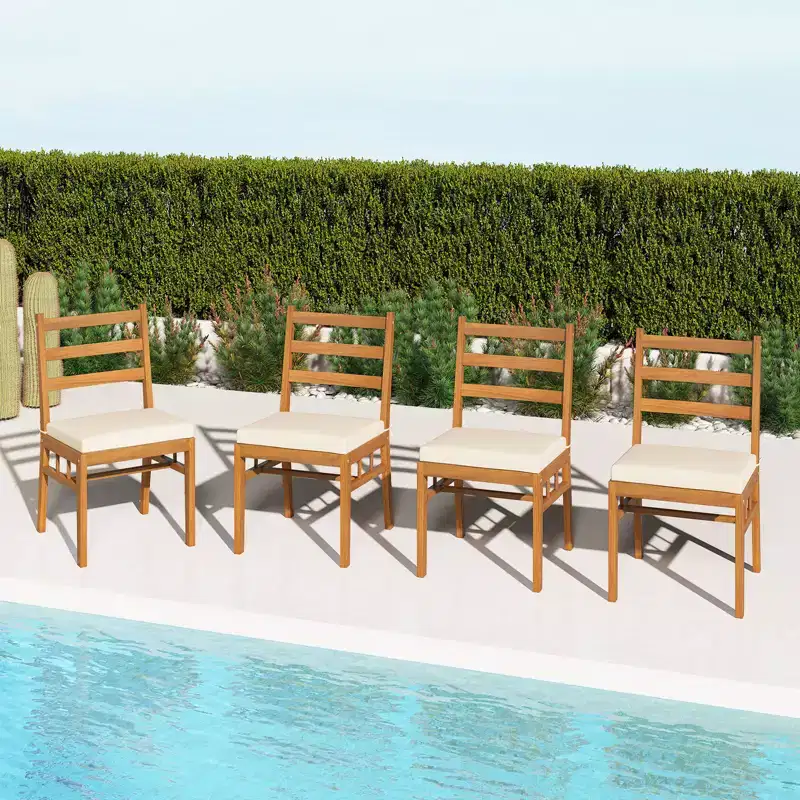 Costway Solid Acacia Wood Patio Chair Set of 4 w/ Padded Seat Cushions