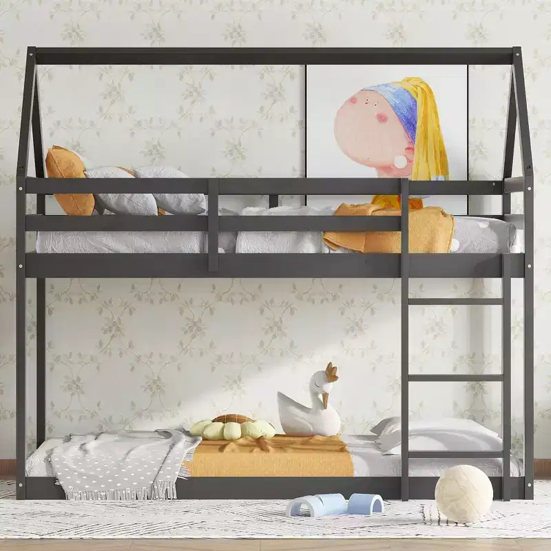 MAYEERTY Twin Rubber Wood Floor BUnk Bed with Ladder, Guardrails, House Shaped Bunk Bed Black