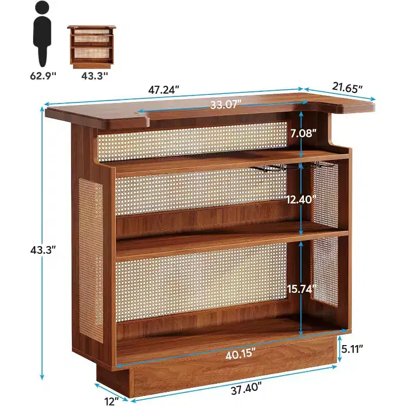 Rattan Home Bar Unit, Farmhouse 4-Tier Bar Table with 4 Stemware Racks , Caramel Brown