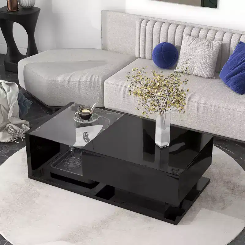 39.3 Coffee Table With Drawer, Tempered Glass, High-Gloss UV Surface Square Wooden Cocktail Table, Household Side End Table