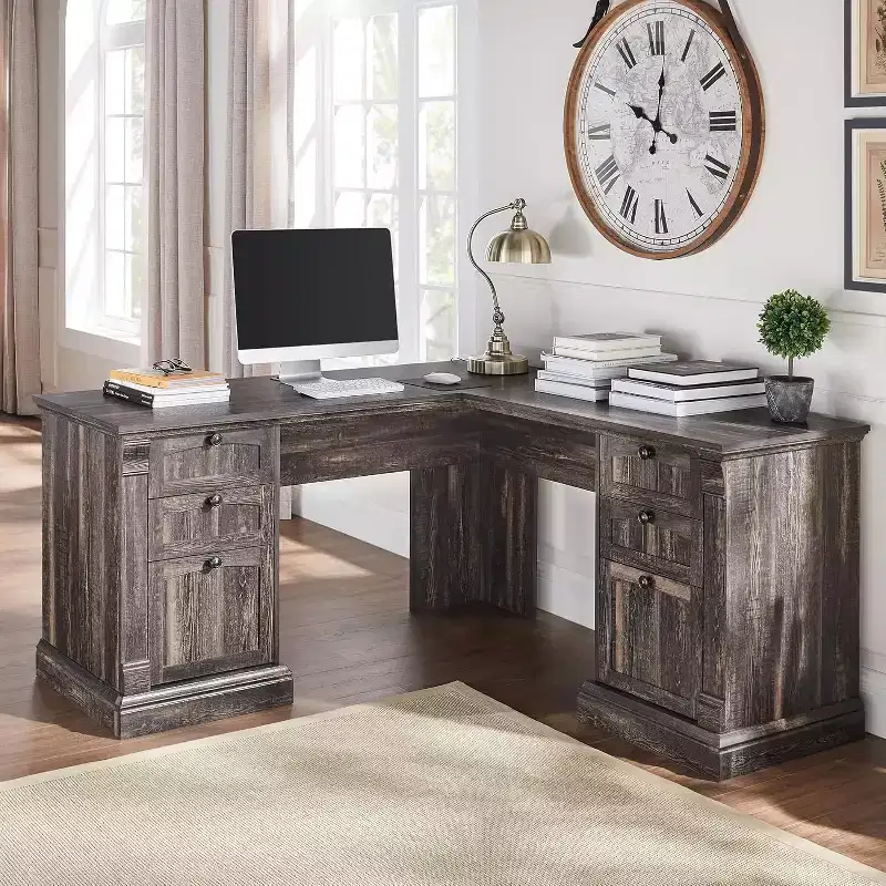 SinCiDo 60 L-Shaped Desk,Farmhouse Computer Desk with Charging Station,Filing Cabinet Storage, Drawer,Study Writing Desk