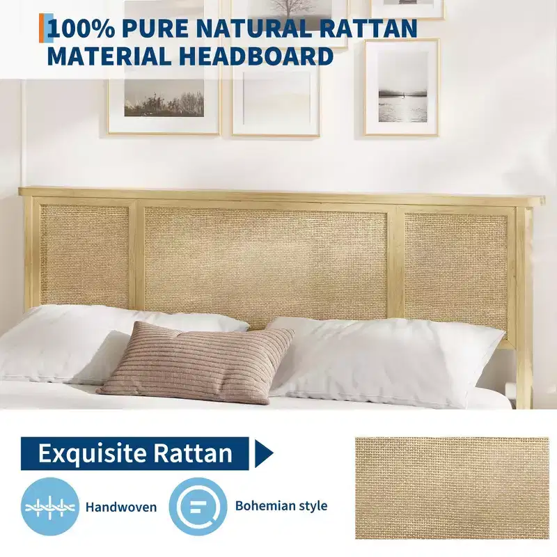 Bed Frame with Natural Rattan Headboard, Sturdy Wooden Slats, Metal Platform, Boho Cane Mattress Support, No Box Spring Needed, Stylish