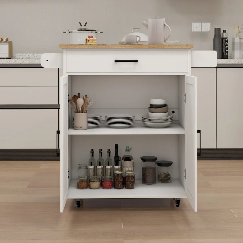 White Rubber Wood Kitchen Cart with Adjustable Shelves, Towel Rack