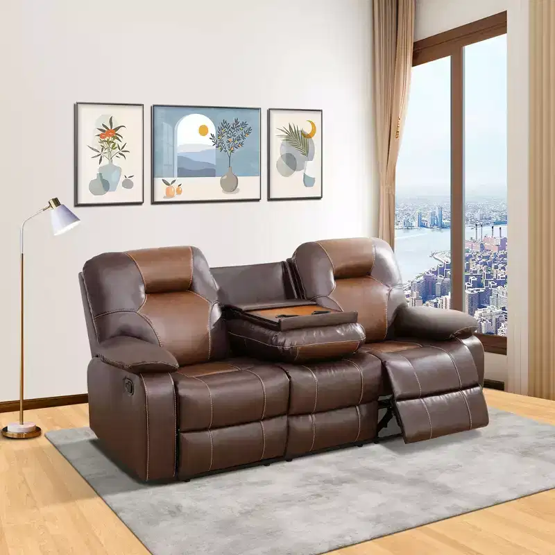 3-Seat Breathable Leather Reclining Sofa with Reversible Coffee Table for Living Room – Brown