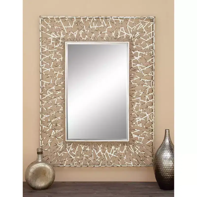 Metal Ribbon Wall Mirror Silver - Large Industrial Style, Rectangular Shape, No Assembly Required