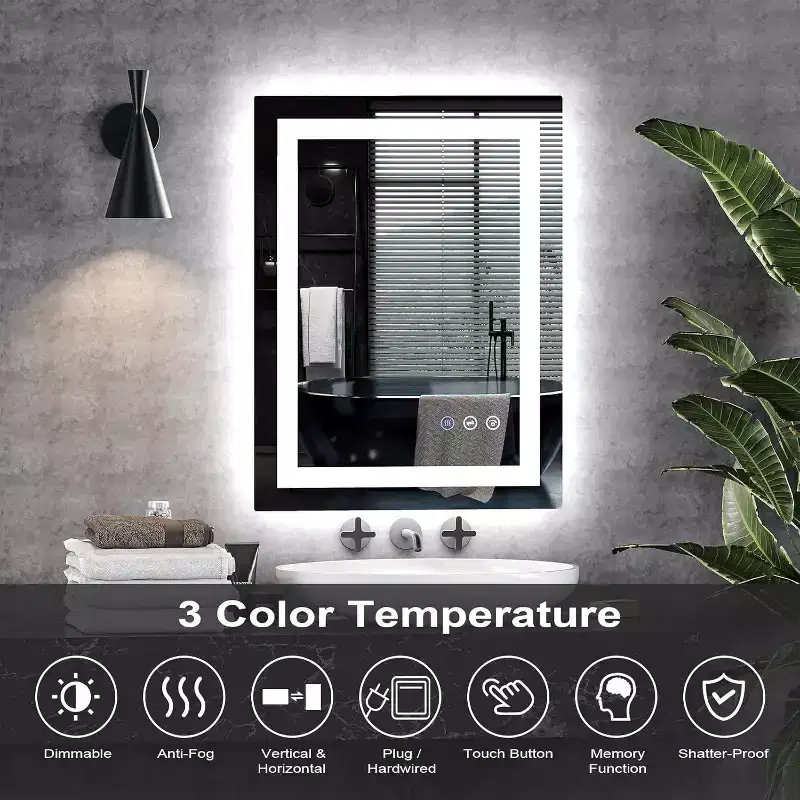 LED Bathroom Mirror 24x32 Inches, Black Frame with Front/Back Lights, 3 Color Temperatures, Anti-Fog, Wall Mounted Vanity Mirror