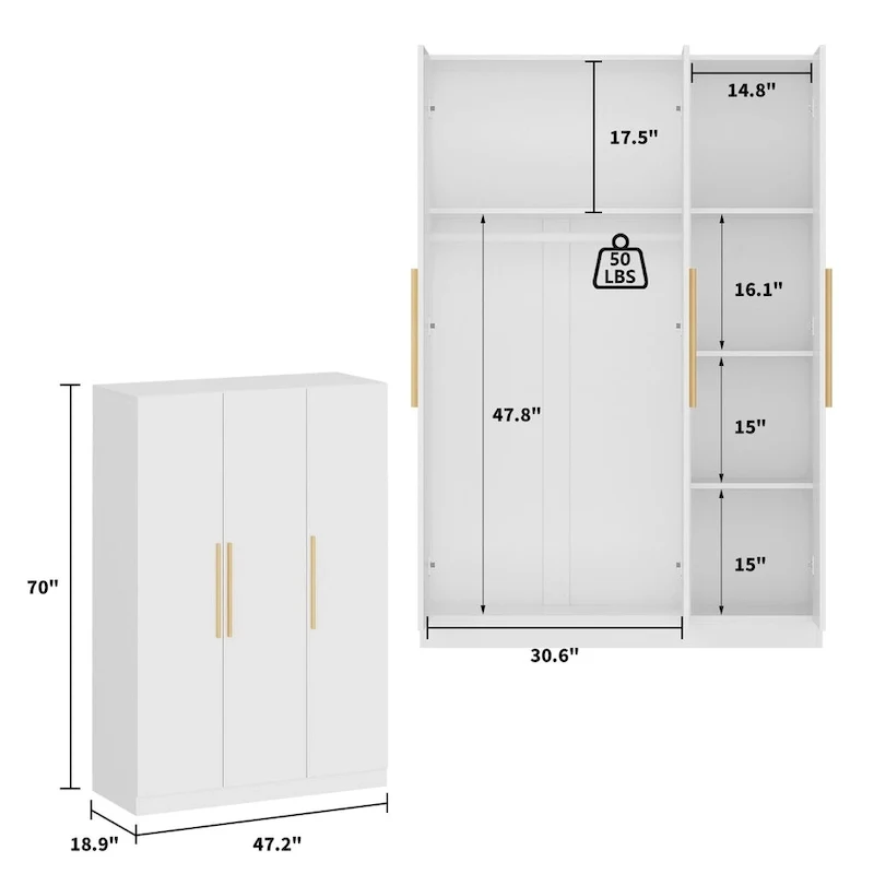 3-Door Wooden Wardrobe Armoire with 6 Storage Cubes and Hanging Rod – White / Grey Wood, 1-Unit