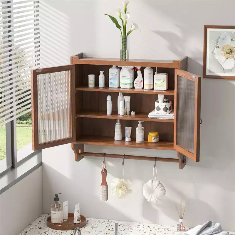 24.8Glass Door Vintage Double Door Wall Cabinet with Three Tiers of Storage with Towel Rack, for Bathroom, Kitchen,Dining Room,Brown