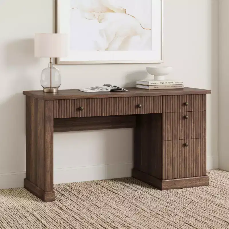 54 Executive Desk with Drawers, Fluted Home Office Desk with File Cabinet, Wooden Computer Writing Desk for Study, Conference Table for Living Room