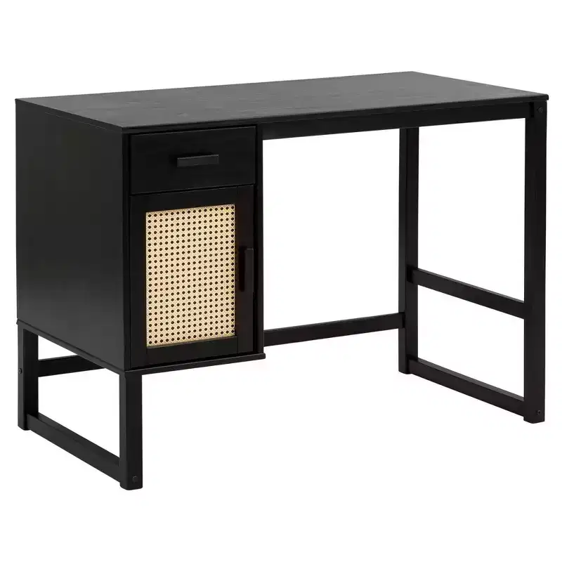 Country Style Desk with Closed Storage and Drawer, Rattan Door Fronts