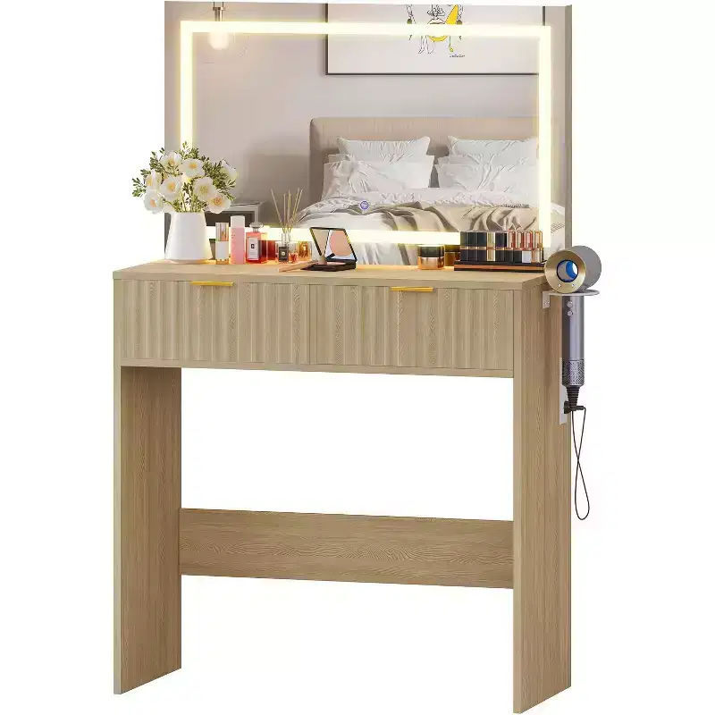 51 Makeup Vanity with Lighted Mirror and Adjustable Lights - Natural Wood Dressing Table for Bedroom