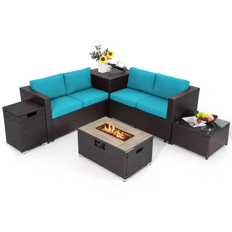 Costway 6PCS Patio Rattan Furniture Set 32'' Fire Pit Table Tank Holder with Cover Beige/Navy/Red/Turquoise
