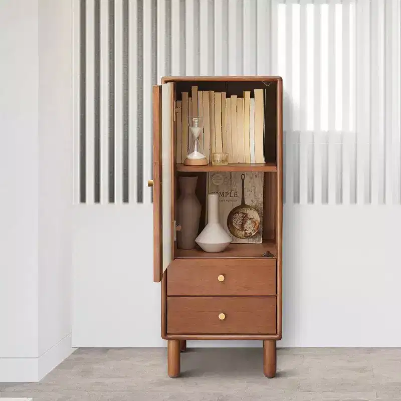 Natural Pine Glass Door Storage Cabinet with 2 Drawers & Shelves