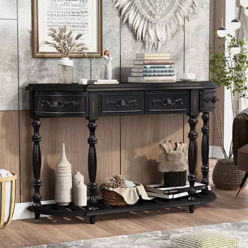 52IN Vintage Curved Console Table with Exquisite Carvings, Entryway Table with 4 Drawers and 1 Shelf, Accent Table for Living Room, Black