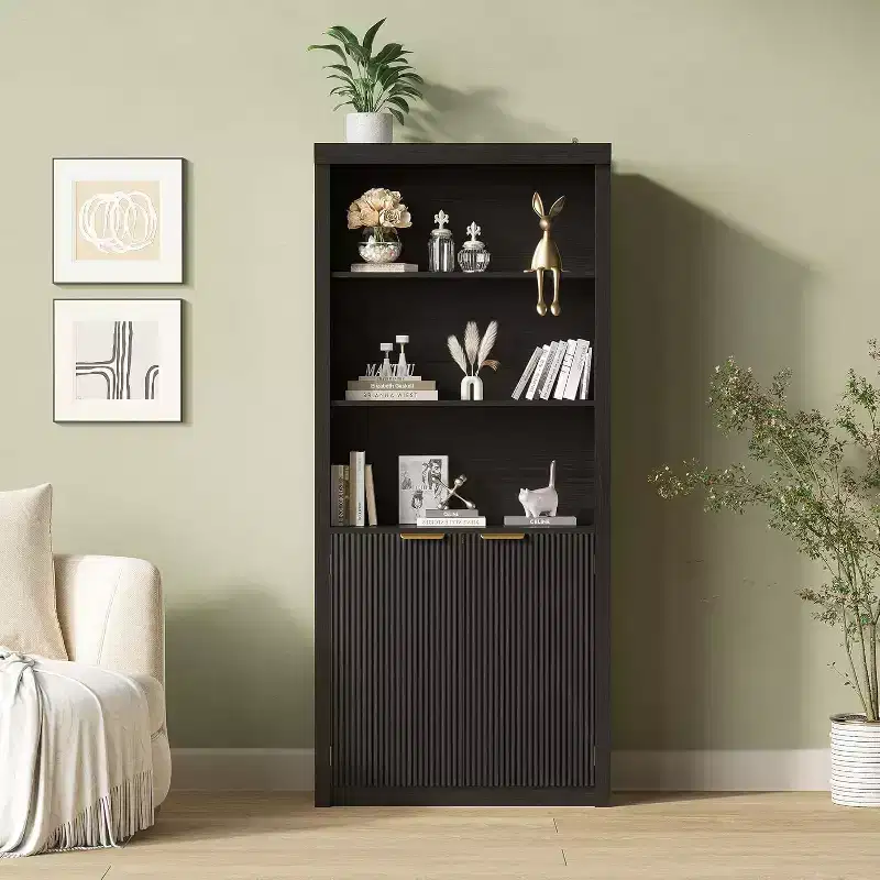 5-Shelf Bookcase with Doors, Black / Grey / Oak / White, 71
