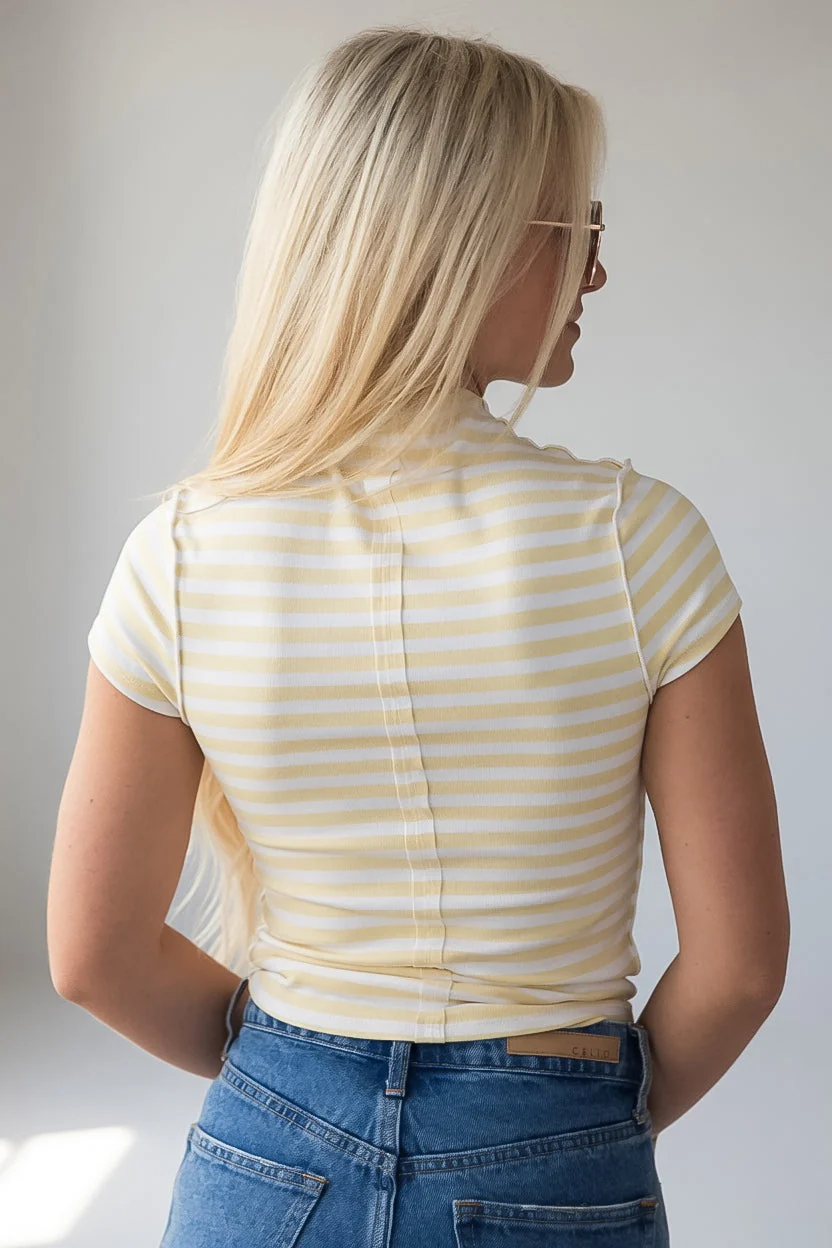 Yellow Stripe Mock Neck Fitted Tee