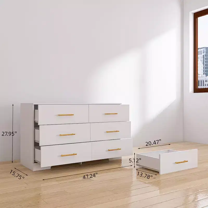 Large Chest of Drawer, Dressers Table with 6 Drawers & Golden Handle for Living Room Bedroom, White