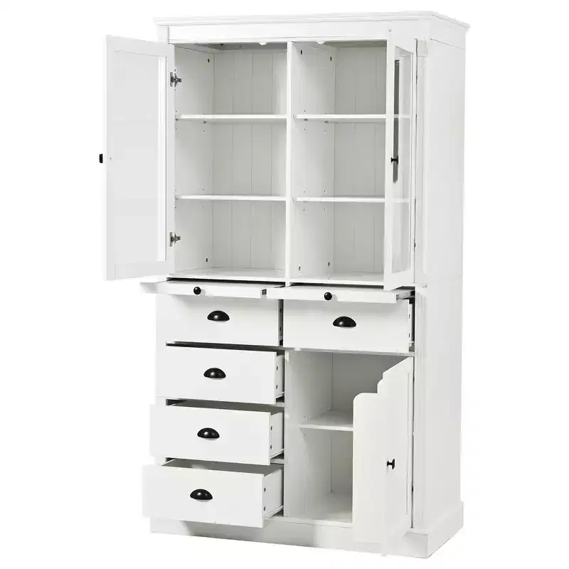 Whisen 72''H Freestanding Kitchen Pantry, Large Display Storage Cupboard Sideboards, Coffee Bar Cabinet With Glass Doors, Drawers - White