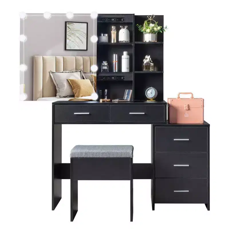 Black Linen Particleboard with Triclosan 5 Drawers 2 Shelves Sliding Door Mirror Cabinet with Tri-color Dimmable Bulb Lamp Dressing Table Set