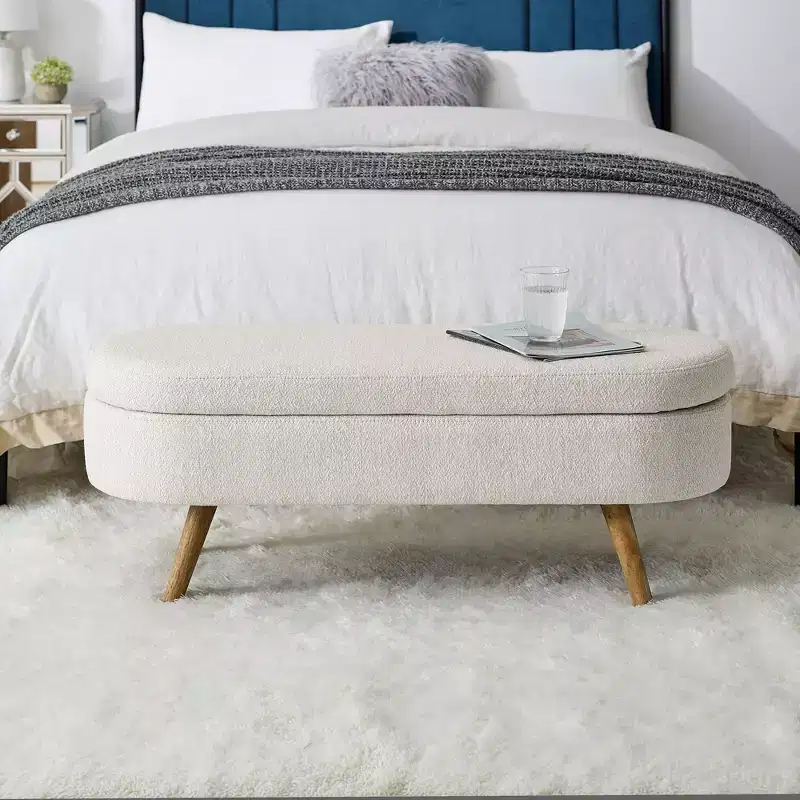 Okak Modern Linen Oval Storage Ottoman Bench with Rubber Wood Legs Soft Long Storage Footrest Stool for Living Room, Entryway, Bedroom