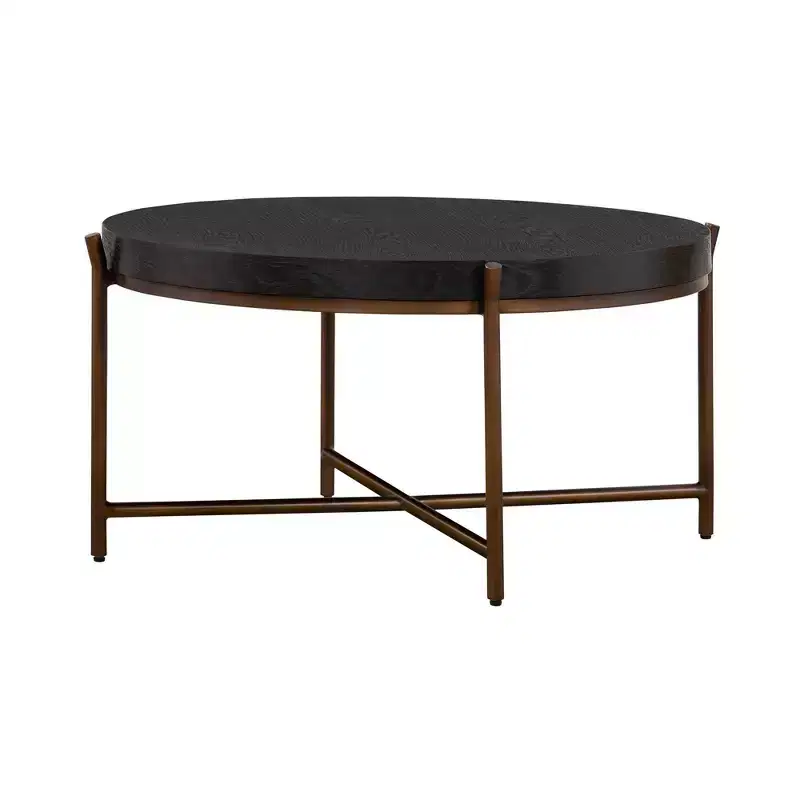 Round Sylvie Oak/Metal Coffee Table Black - Armen Living
