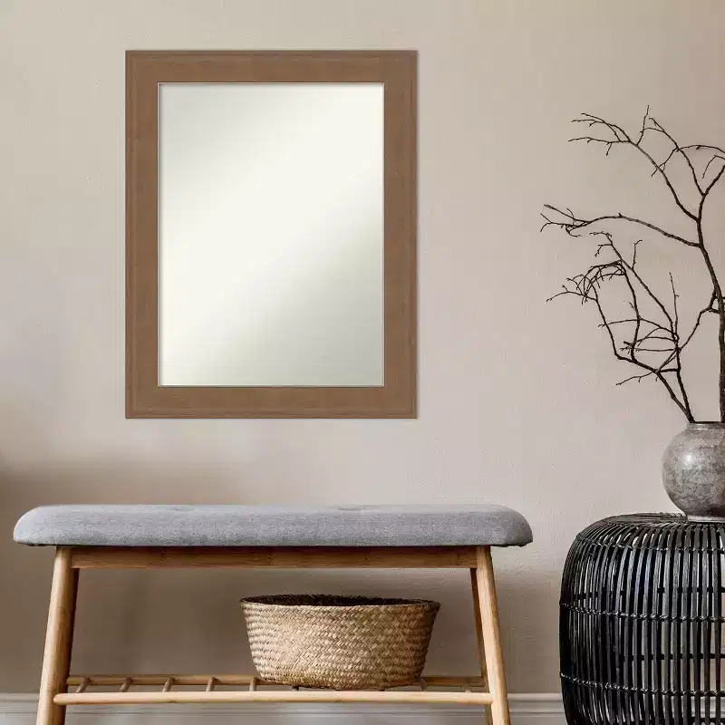 Non-Beveled Bathroom Wall Mirror Medium Brown Frame 22.5x28.5