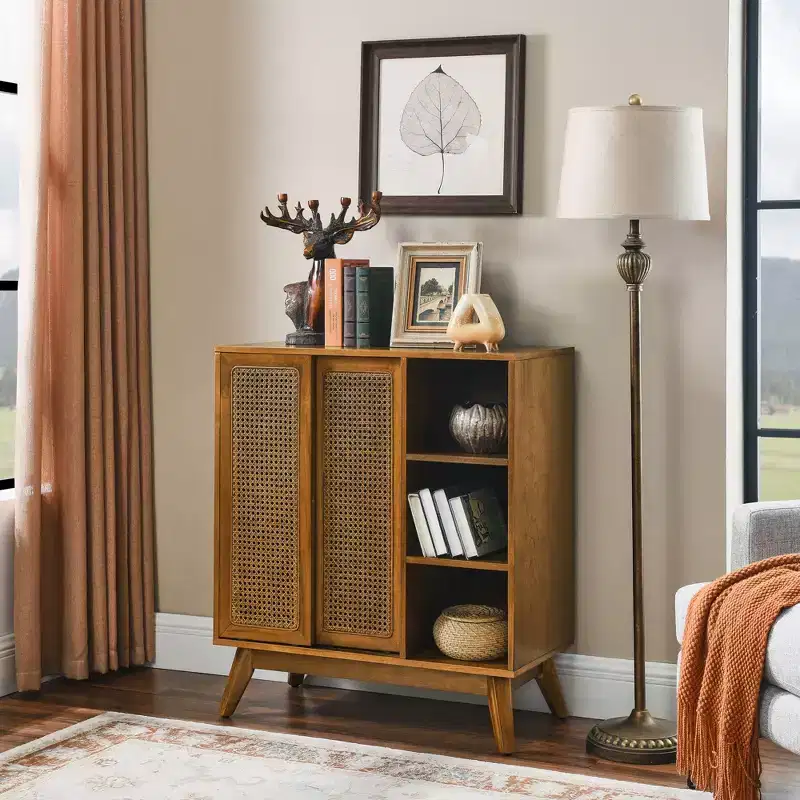 Mid Century Modern Rattan Sideboard Buffet Cabinet with Adjustable Shelf Solid Wood Feet Rattan Doors Walmut