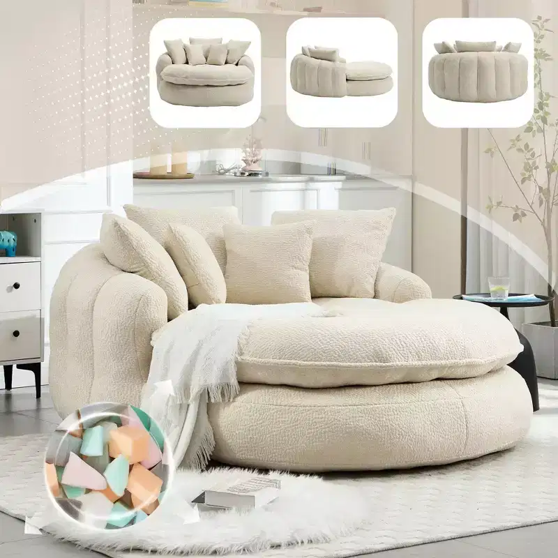 Okak Modern Oversized Chenille Fabric Oval Bean Bag Sofa for Living Room Bedroom,Rest Chair Sleeper Sofa with Comfy Backrest & Pillows