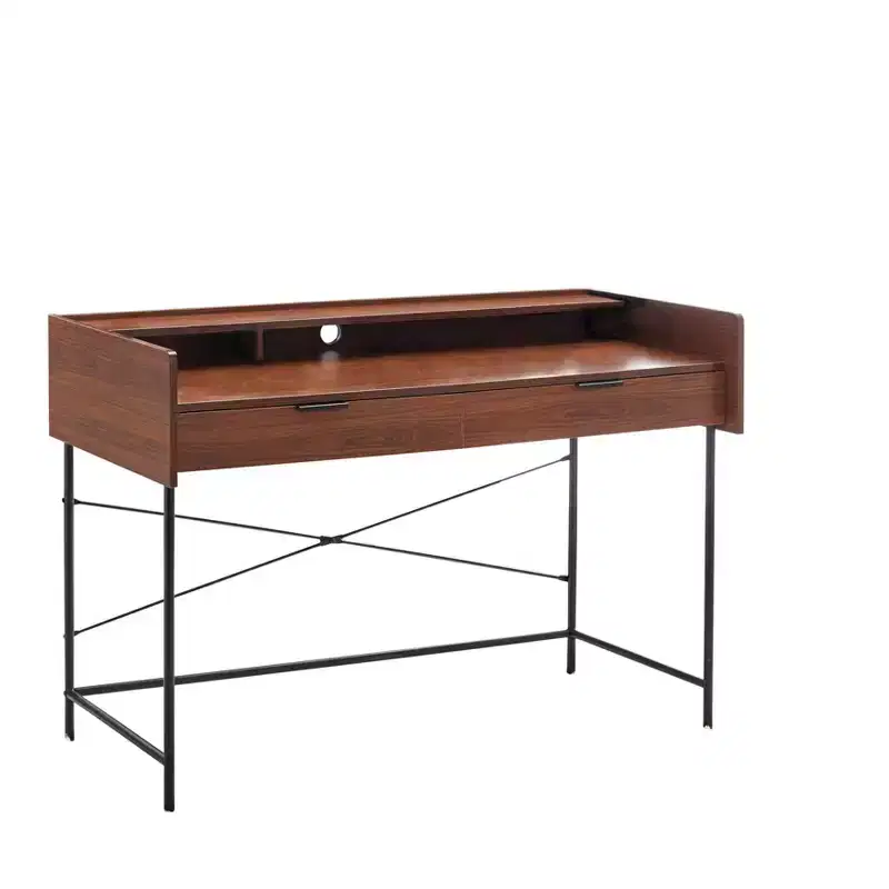 Walnut & Black Metal 2-Drawer Desk with Open Compartments, 1 Person