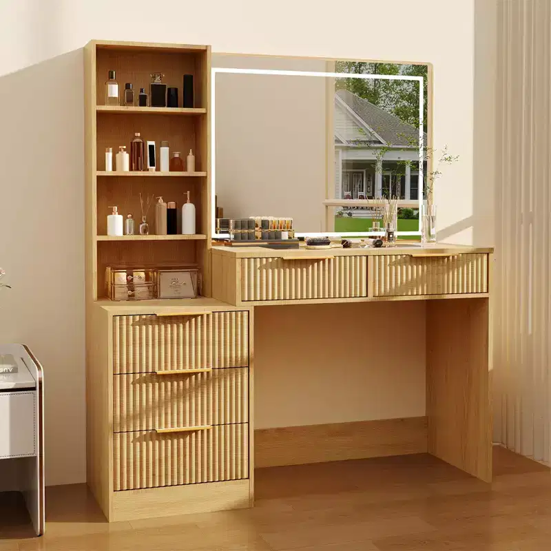 Vanity Desk with Mirror, 5 Drawers Glass Top Hairdryer Rack Wave Texture Makeup Table for Bedroom