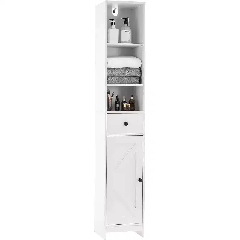 Tall Bathroom Storage Cabinet, Narrow Slim Freestanding Cabinet with 2 Barn Doors & 1 Drawer with Adjustable Shelves for Kitchen,Bathroom