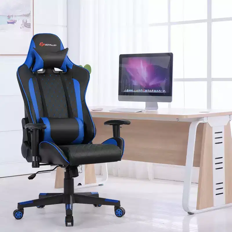 Costway Massage Gaming Chair Reclining Racing Chair w/Lumbar Support and Headrest White/Blue/Pink/Red