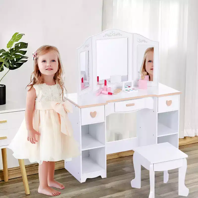 Kids Vanity Table & Stool Set with Tri-Fold Mirror, White Girls Makeup Vanity for Ages 3-9, Featuring Drawers and Open Shelves for Easy Storage