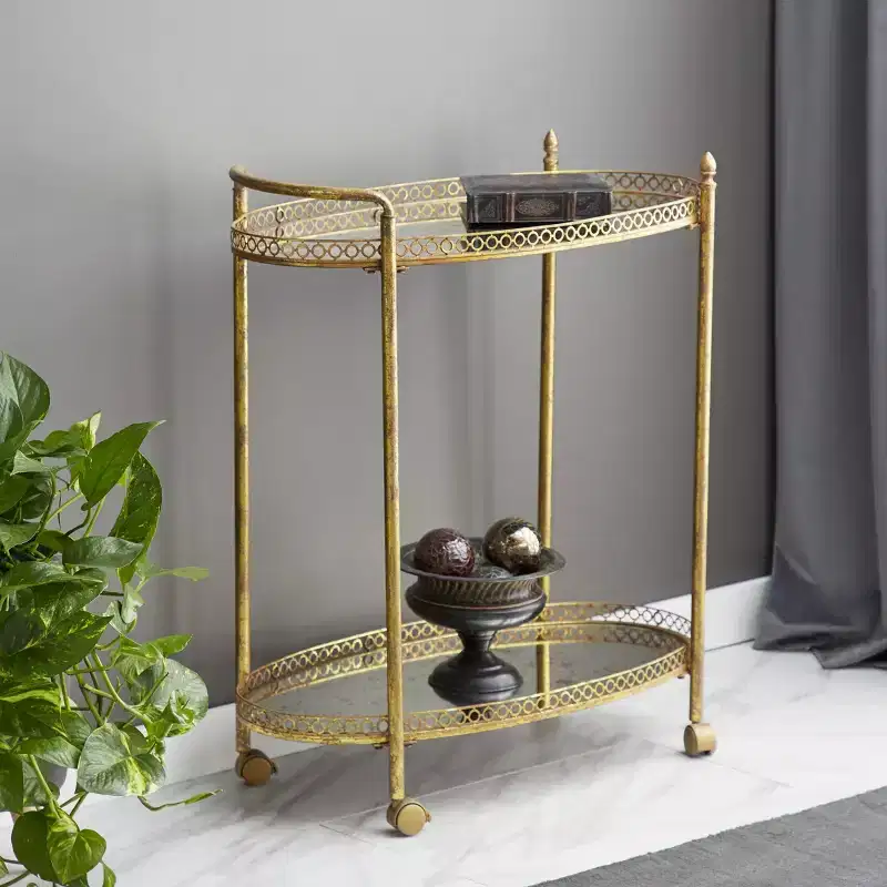 Oval Mirror Rolling Bar Cart Gold Traditional Style Serving Stand, Fixed Shelves, Iron Frame