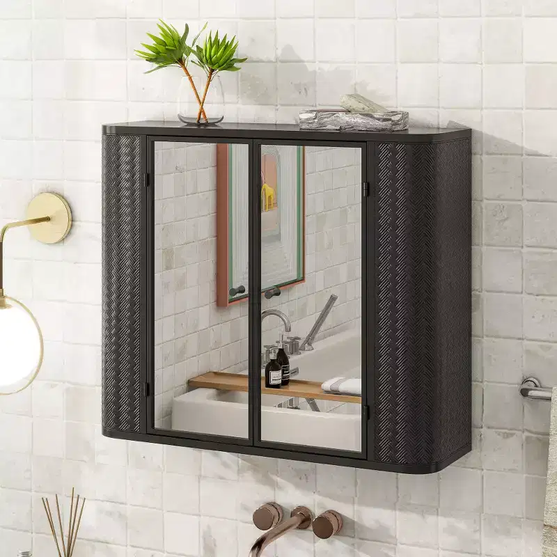 Chic Crate Black Wall-Mounted Vanity  2 Mirrored Doors & Open Shelf | Farmhouse Metal Frame | Over-the-Sink
