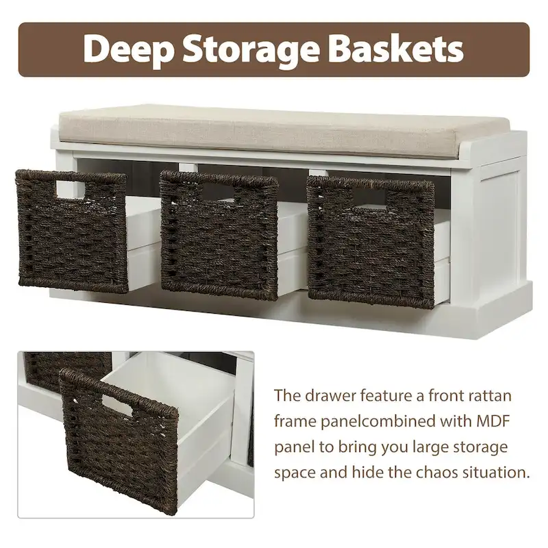 Entryway Bench with 3 Removable Rattan Baskets