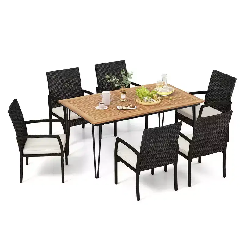 Costway 7 PCS Patio Dining Set with Acacia Wood Dining Table Rattan Armchairs Soft Cushions