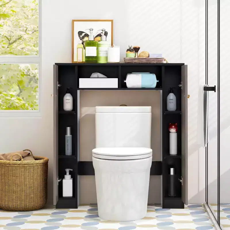 Over The Toilet Storage Cabinet with Double Doors, 4 Adjustable Shelves, Natural/White