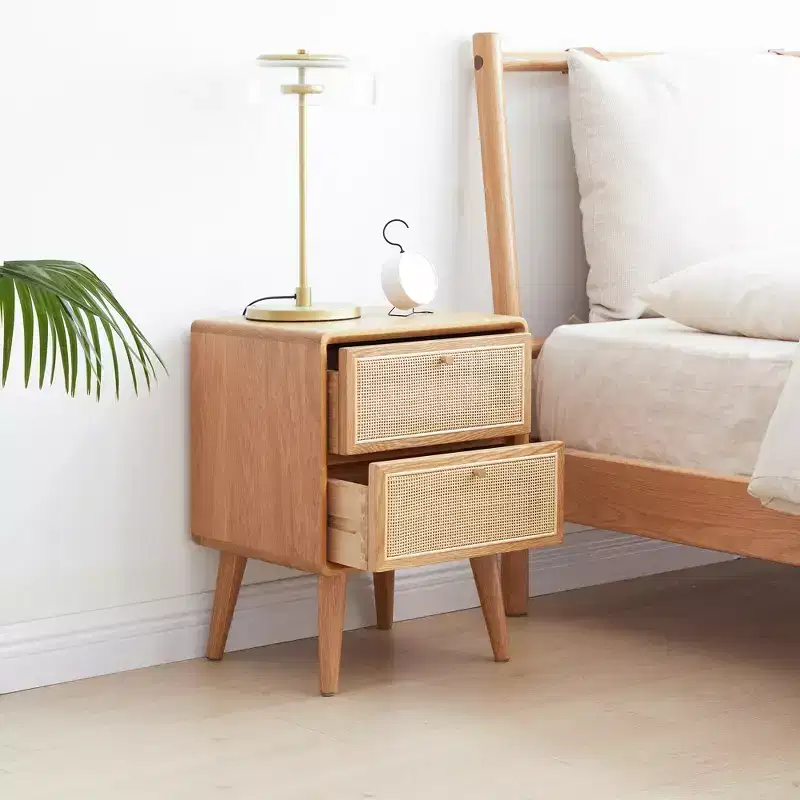 Solid Oak Wood & Rattan Nightstand with Two Drawers, 21.26H Bedside Table
