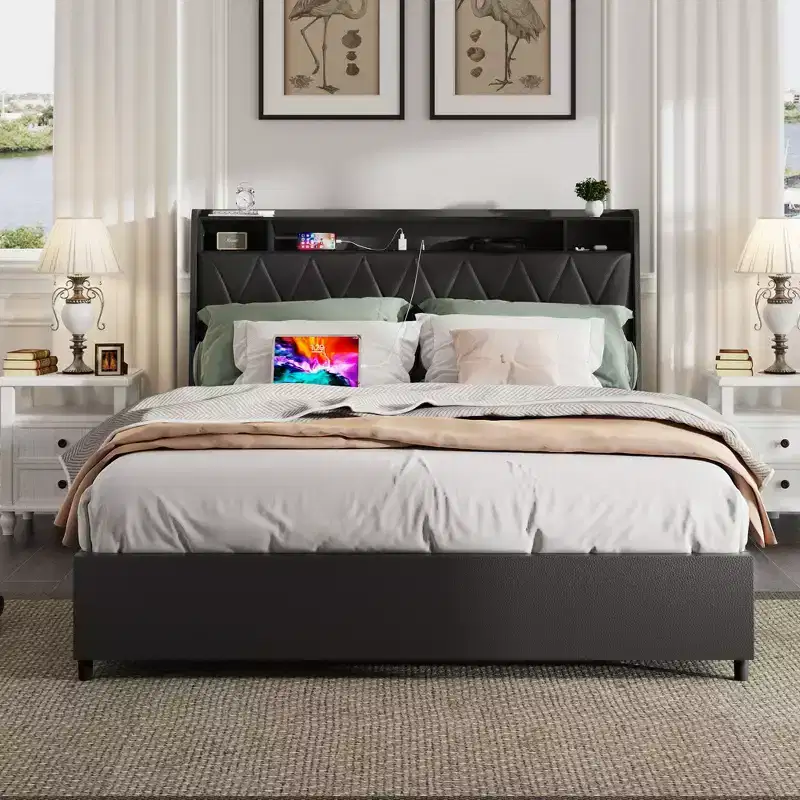 Full/Queen Platform Bed Frame with Upholstered 4 Storage Drawers Bed with Outlets Charger Metal Frame No Box Spring Needed Noise-Free