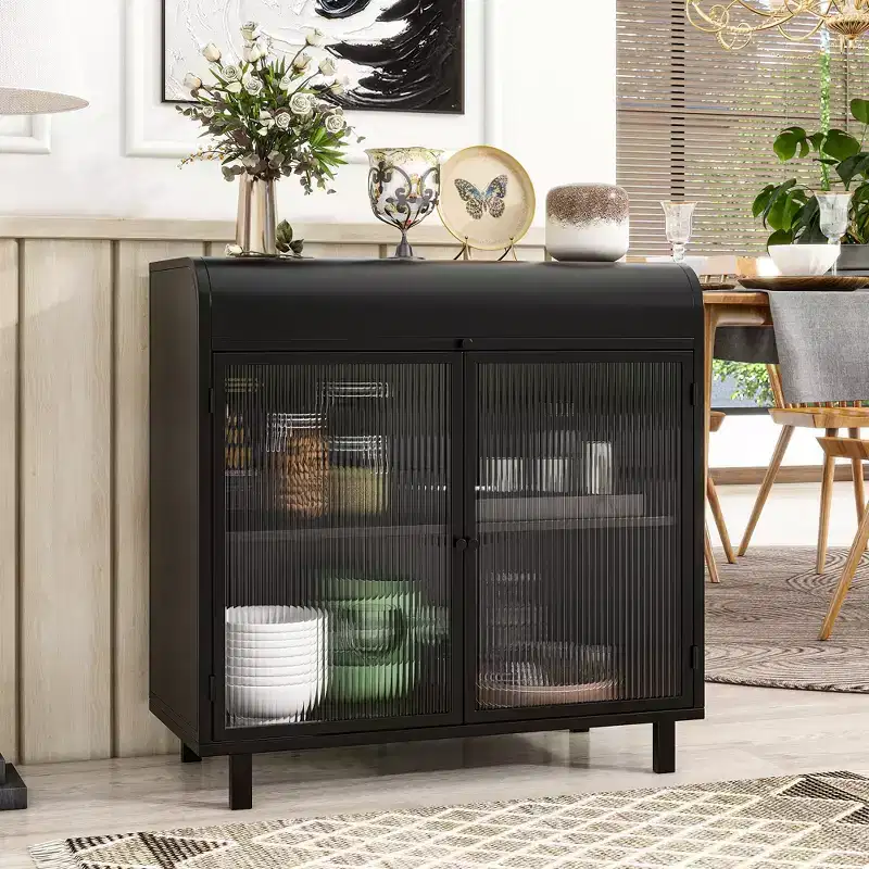 Modern Black Sideboard Buffet,Flip-Top Cabinet with Steel Frame & Tempered Glass Doors, Antique-Style Buffet for Kitchen or Dining Room