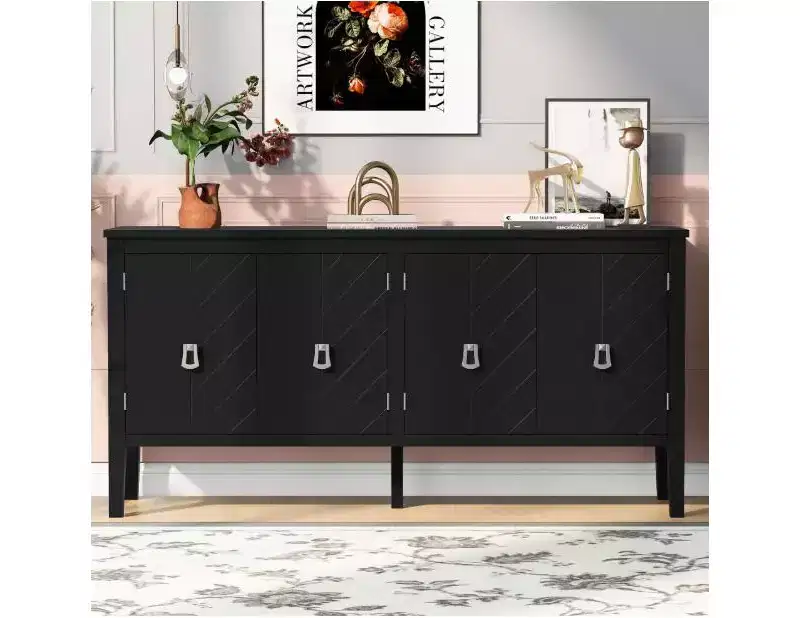 63 4-Door Sideboard Buffet Cabinet, Geometric Pattern, Vintage Handles, Storage Console Table, Bar Cabinet for Home/Office