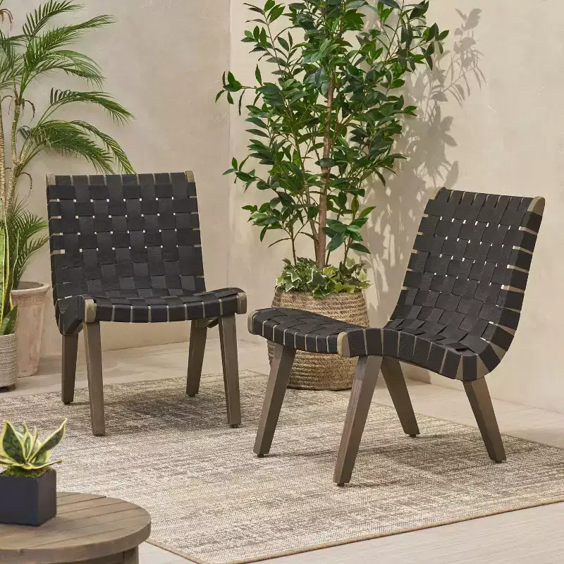 Okak 16.7 Rustic Rope Strap Woven Patio Accent Chairs Acacia Lounge Chair for Garden,Porch,Poolside&Backyard,Patio Furniture Seating