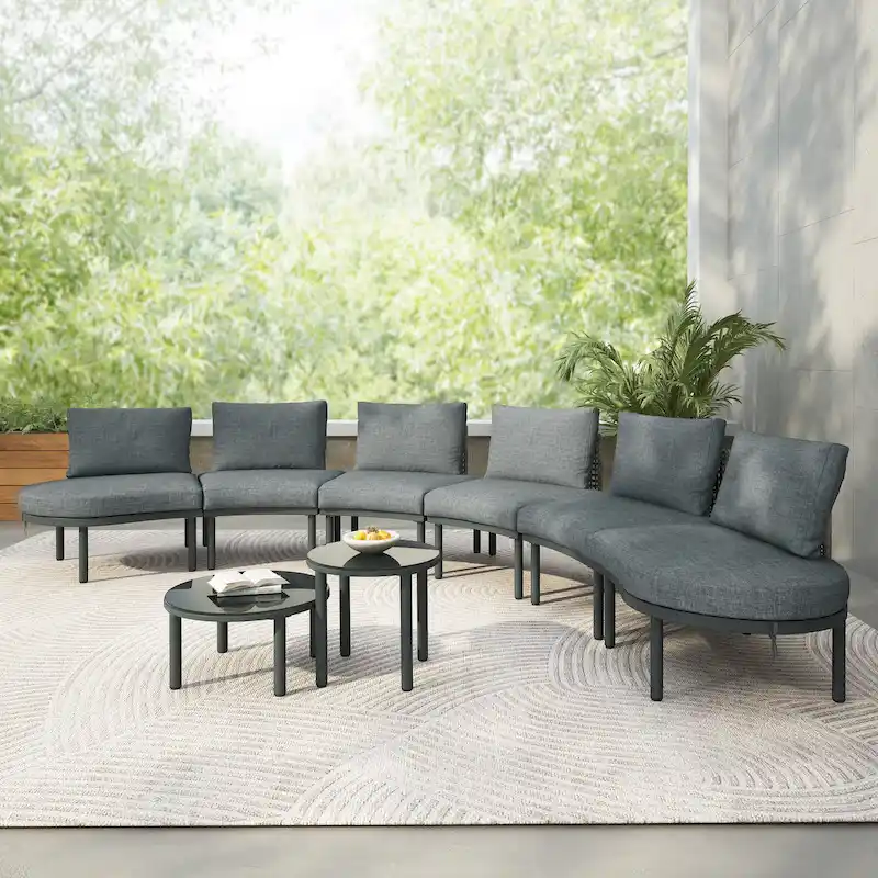 Elegant 8-Piece Modular Half Moon Patio Sofa Set with High-Low Coffee Tables