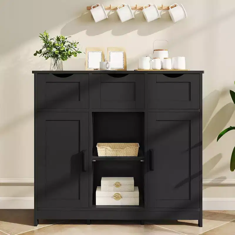 Zevemomo Modern Farmhouse Sideboard Buffet Cabinet with Drawer & Adjustable Shelf, Kitchen Storage & Coffee Bar Cabinet for Dining Room, Black